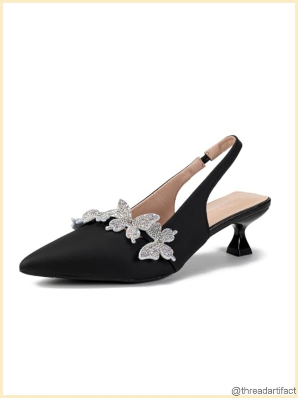 Zeuhzih Women's Rhinestone Butterfly Slingback Kitten Heels Pointed Toe Dress